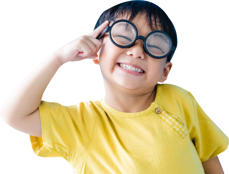Smart Kid Nerd Asian Boy Child  with Yellow Shirt Wearing Glasses.